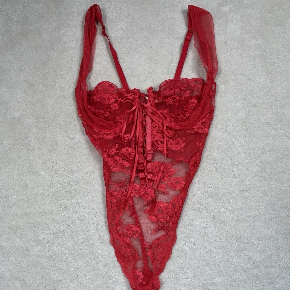 Victoria's Secret Vintage Gold Label Red Lace Sheer Teddy Size 34C Made In USA